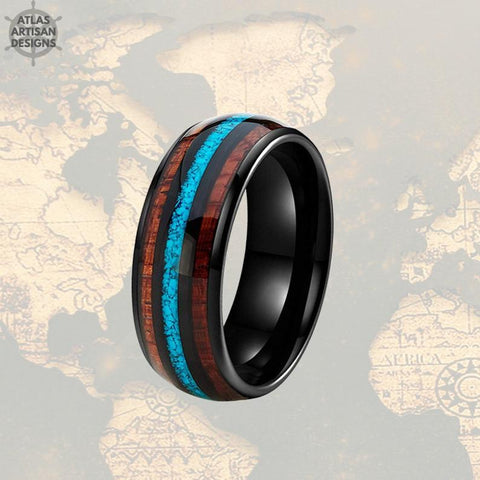 Image of Turquoise Ring Mens Wedding Band Black Tungsten Ring - Koa Wood Ring