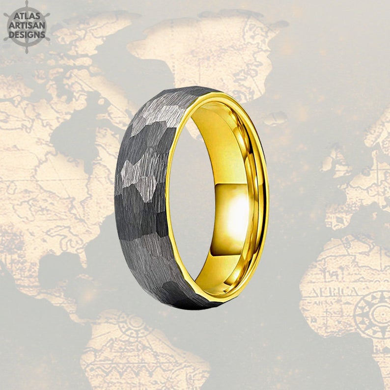 6mm Silver Hammered Ring 18K Yellow Gold Wedding Band Womens Ring Viking Gold Ring Mens Wedding Band Tungsten Ring Couples Rings Mens Ring - Atlas Artisan Designs