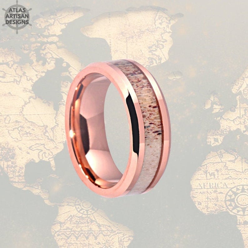 8mm Deer Antler Ring Rose Gold Wedding Band Mens Ring, 18K Rose Gold Ring, Unique Nature Ring - Atlas Artisan Designs