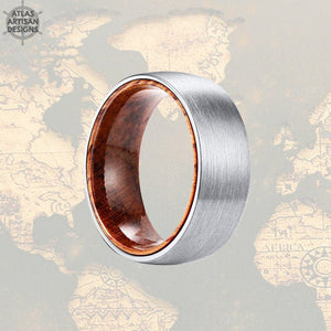 Exotic Sandal Wood Ring Tungsten Wedding Rings for Him, Silver Ring Mens Wedding Band Tungsten Ring, Wooden Ring Unique Mens Promise Ring - Atlas Artisan Designs