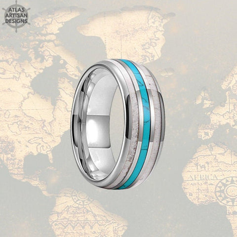 Image of Mens Turquoise Ring Tungsten Wedding Band Mens Ring - Deer Antler Ring