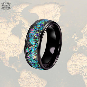 Black Ring Mens Wedding Band Tungsten Ring - Fire Opal Wedding Band