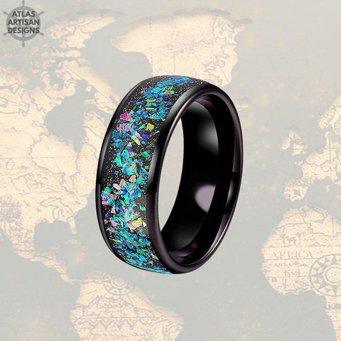 Image of Black Ring Mens Wedding Band Tungsten Ring - Fire Opal Wedding Band