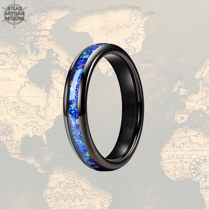 Black Opal Ring Mens Wedding Band Tungsten Ring