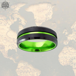 Thin Tungsten Ring Womens Wedding Band Black Ring with Green Groove - Atlas Artisan Designs