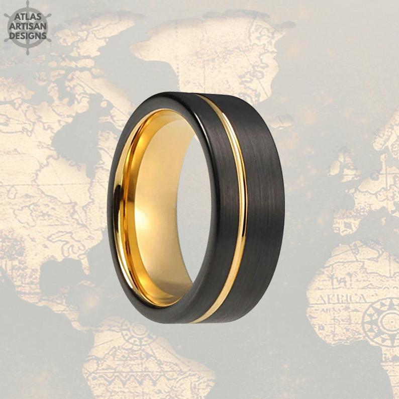 Pipe Cut 18K Yellow Gold Ring Mens Wedding Band Two Tone Tungsten Ring