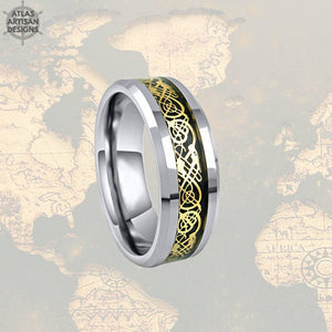 Gold Viking Wedding Ring Mens Tungsten Ring, Celtic Wedding Band Gold Ring - Atlas Artisan Designs