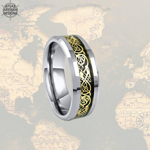 Image of Gold Viking Wedding Ring Mens Tungsten Ring, Celtic Wedding Band Gold Ring - Atlas Artisan Designs