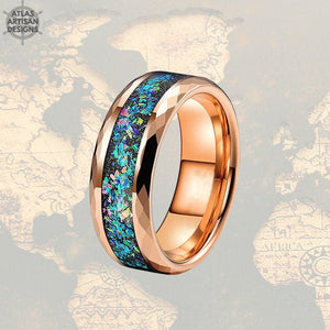 Rose Gold Mens Wedding Band  - Fire Opal Hammered Tungsten Ring