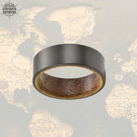 Image of Gunmetal Whiskey Wood Barrel Ring Mens Wedding Band Tungsten Ring