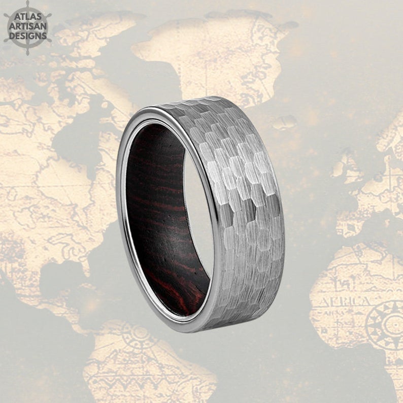 8mm Silver Tungsten Norse Ring Wood Wedding Band Hammered Ring - Atlas Artisan Designs