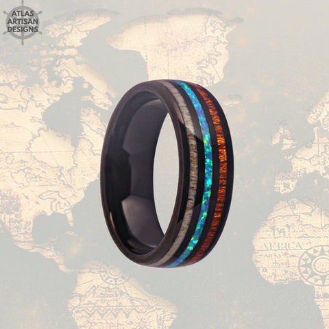 Image of Koa Wood Ring with Deer Antler & Opal Inlay Mens Wedding Band Blue Opal Ring, Mens Tungsten Ring - Atlas Artisan Designs