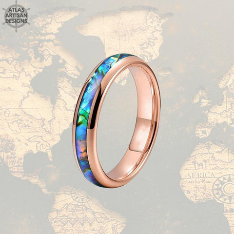 Image of 4mm Rose Gold Ring Tungsten Wedding Bands - Tropical Abalone Shell Women Ring - Atlas Artisan Designs