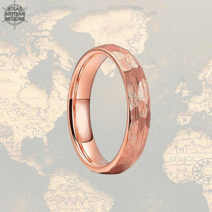 4mm Hammered Ring Rose Gold Wedding Band Tungsten Ring - Faceted Couples Ring