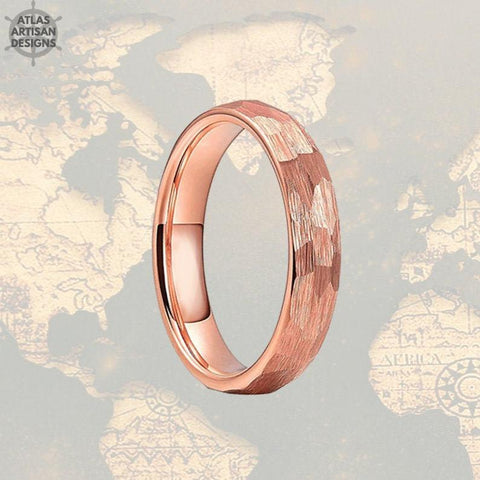 Image of 4mm Hammered Ring Rose Gold Wedding Band Tungsten Ring - Faceted Couples Ring