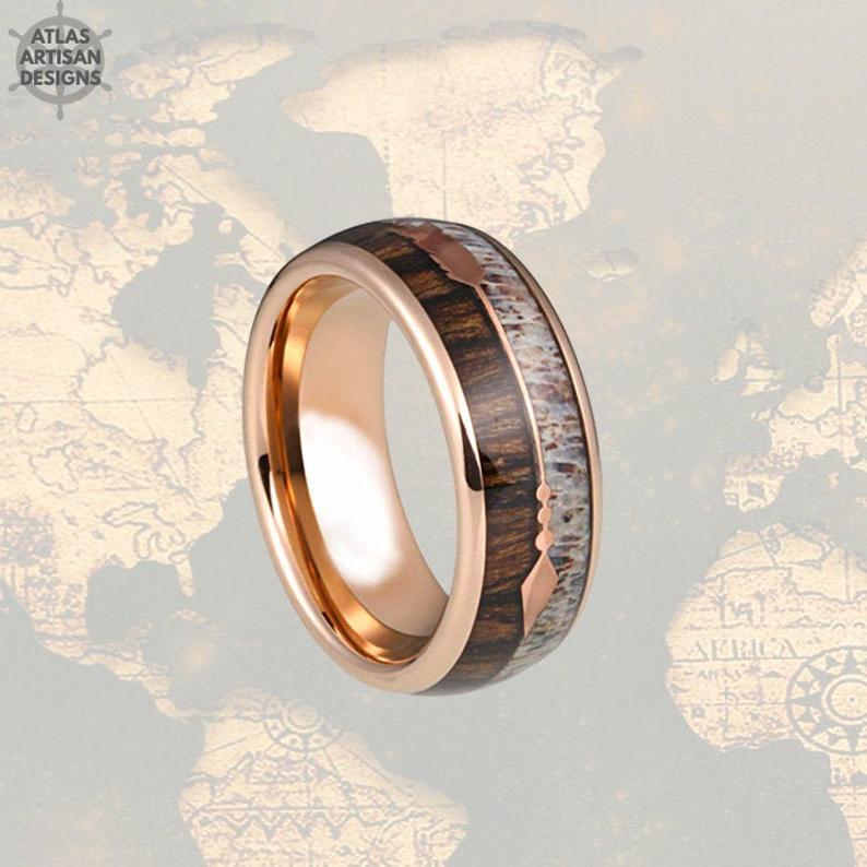Rose Gold Ring Antler & Wood Wedding Band Mens Ring, 8mm Koa Wood Ring Mens Wedding Band Tungsten Ring, Rose Gold Wedding Band Arrow Rings - Atlas Artisan Designs