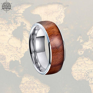 8mm Silver  Tungsten Ring Koa Wood Wedding Band Mens Ring - Atlas Artisan Designs