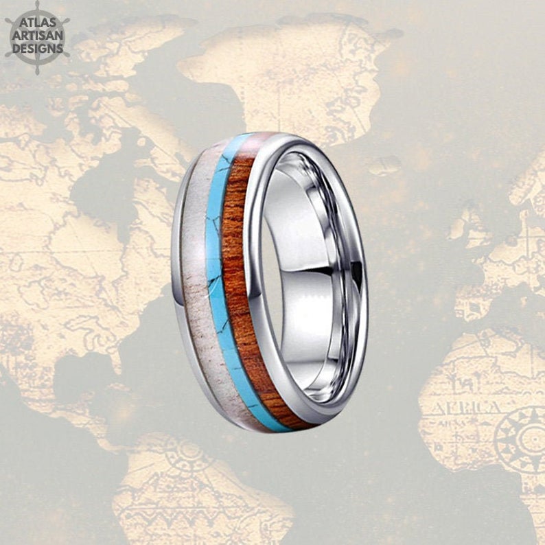 8mm Koa Wood Ring Mens Wedding Band Turquoise Ring / Deer Antler Ring Tungsten Wedding Band Mens Ring / Wooden Ring Unique Tungsten Ring - Atlas Artisan Designs