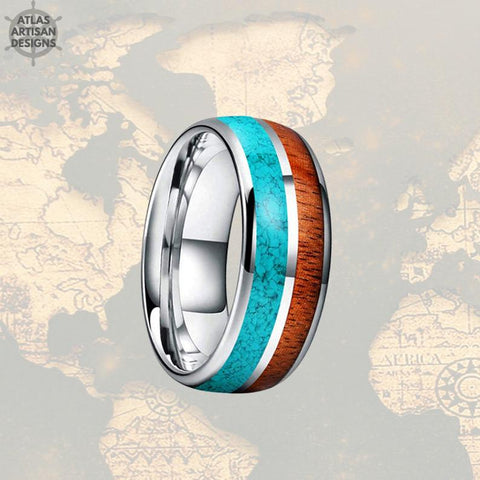 Image of Turquoise Wedding Band Tungsten Ring - 8mm Koa Wood Ring Mens Wedding Band Silver Ring