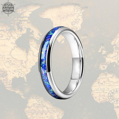 Image of Silver Ring Opal Wedding Band Tungsten Ring - 4mm Blue Opal Ring