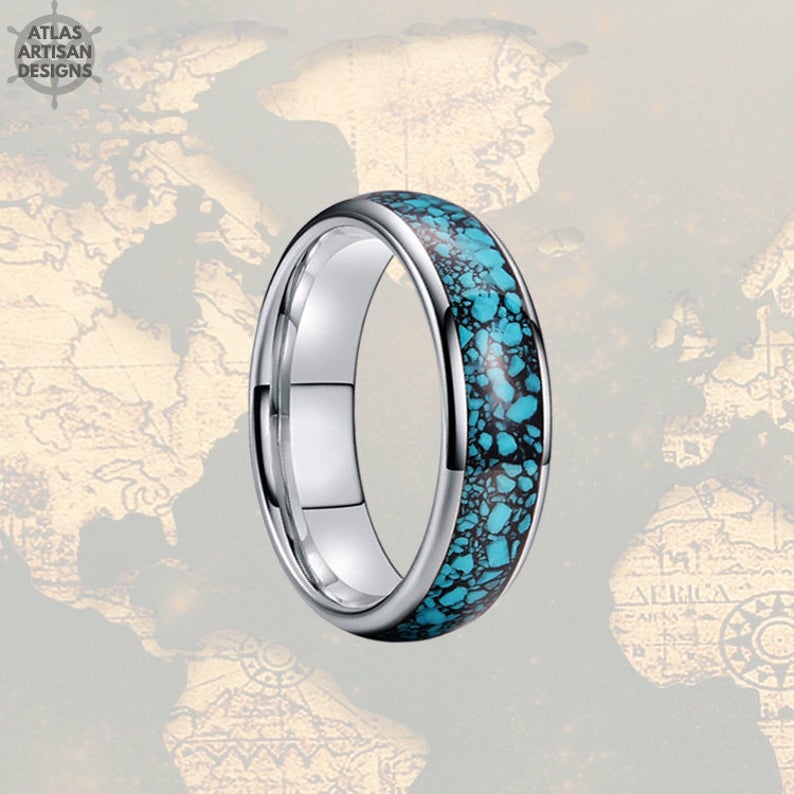 Mens Turquoise Ring, 6mm Silver Turquoise Wedding Bands Womens Ring, Thin Tungsten Ring - Atlas Artisan Designs