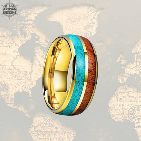 Image of 14K Yellow Gold Wedding Band Mens Ring - Turquoise & Wooden Ring