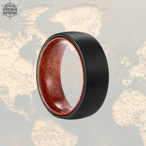 Black Mens Wedding Band Tungsten Ring, Nature Ring Wood Wedding Band Mens Ring, 8mm Sandal Wood Ring Mens Wooden Ring Unique Rings for Him - Atlas Artisan Designs