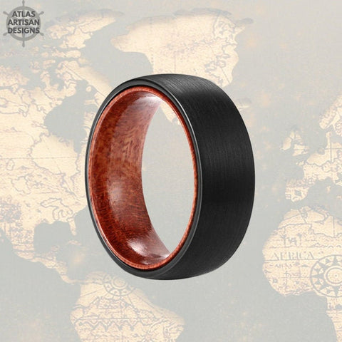 Image of Black Mens Wedding Band Tungsten Ring, Nature Ring Wood Wedding Band Mens Ring, 8mm Sandal Wood Ring Mens Wooden Ring Unique Rings for Him - Atlas Artisan Designs