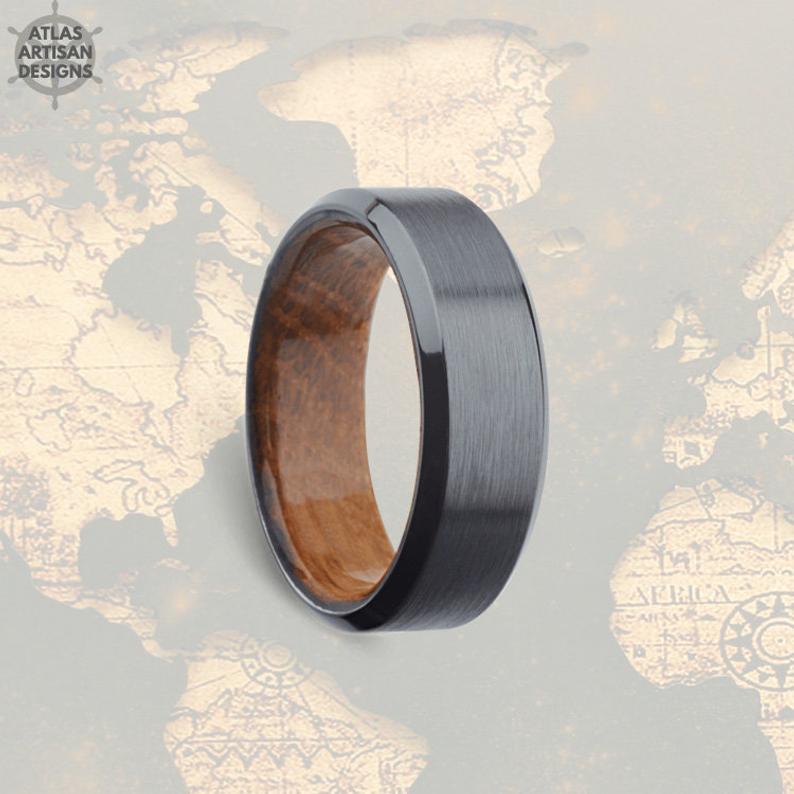 Gunmetal Wood Wedding Band Mens Ring, Whiskey Barrel Ring Mens Wedding Band Wood Ring, 8mm Tungsten Ring Whisky Wood Inlay Ring Wooden Ring - Atlas Artisan Designs