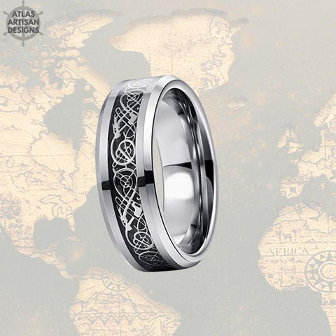Image of Viking Wedding Ring 8mm Mens Ring Carbon Fiber Ring, Celtic Ring Mens Wedding Band Silver Ring Tungsten Ring Gothic Wedding Ring Dragon Ring - Atlas Artisan Designs