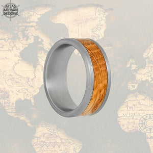 Silver Whiskey Barrel Ring Mens Wedding Band Tungsten Ring, Bourbon Wood Wedding Band Mens Ring, Unique Wooden Ring Mens Promise Ring - Atlas Artisan Designs