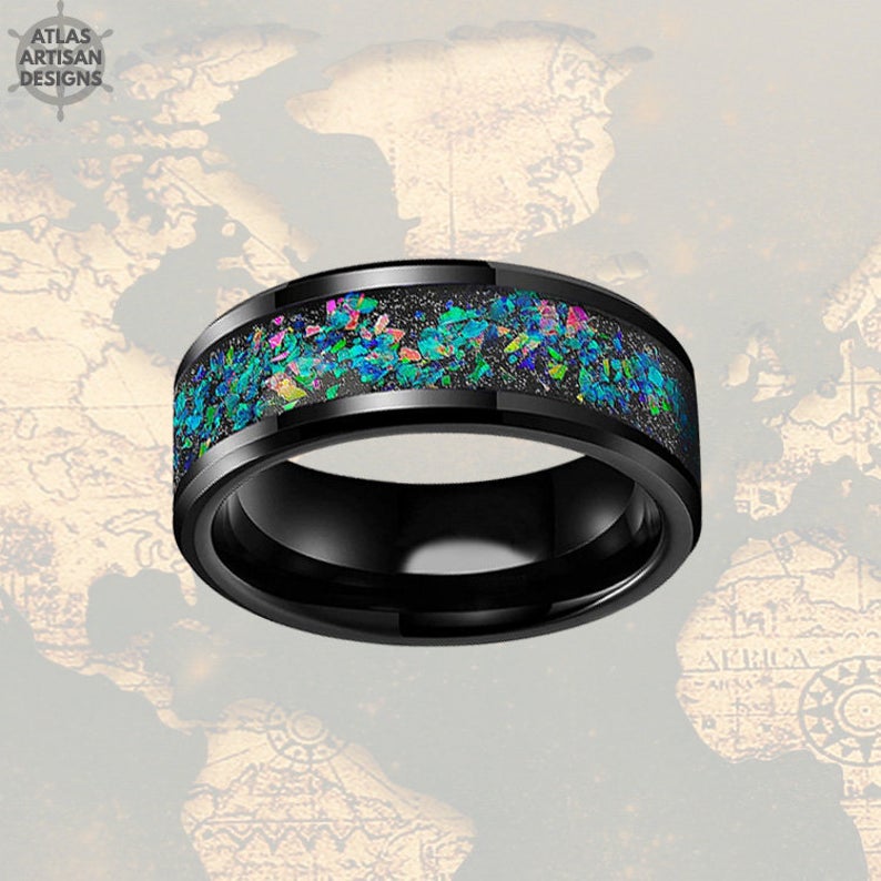 Black Opal Ring Mens Wedding Band Tungsten Ring - Atlas Artisan Designs