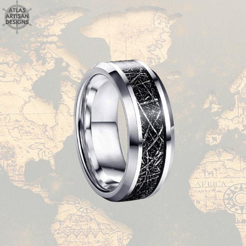8mm Silver Meteorite Ring Mens Wedding Band Tungsten Ring - Atlas Artisan Designs