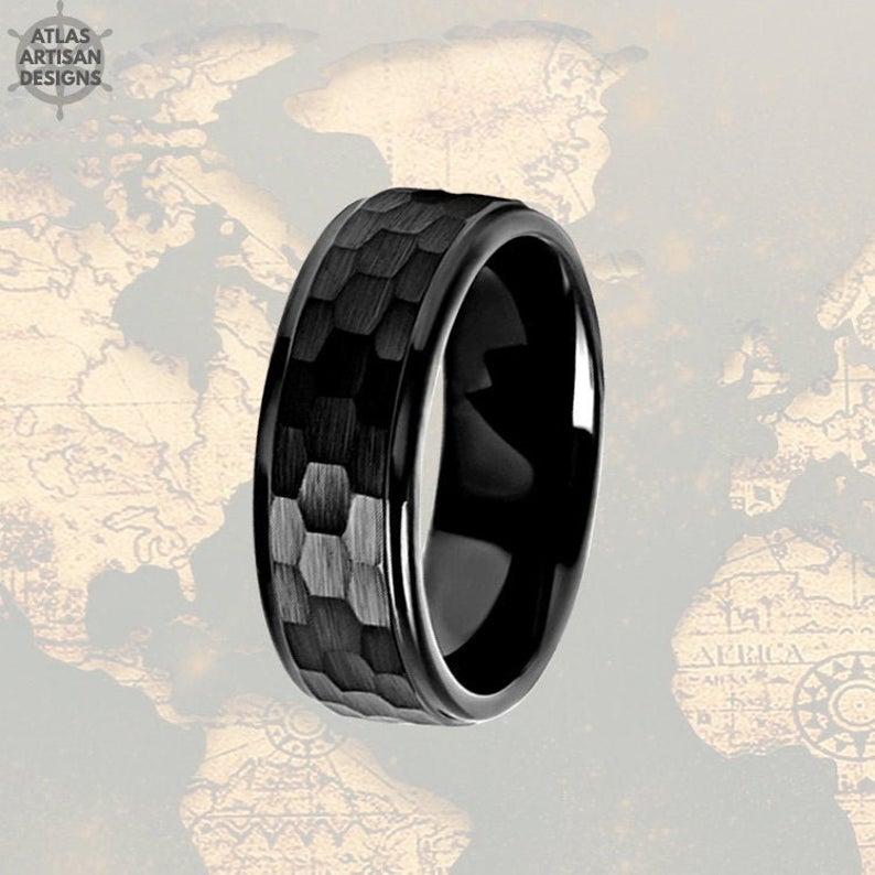 Black Hammered Ring Mens Wedding Band Tungsten Ring with Step Edges, Viking Wedding Ring, Mens Black Ring - Atlas Artisan Designs