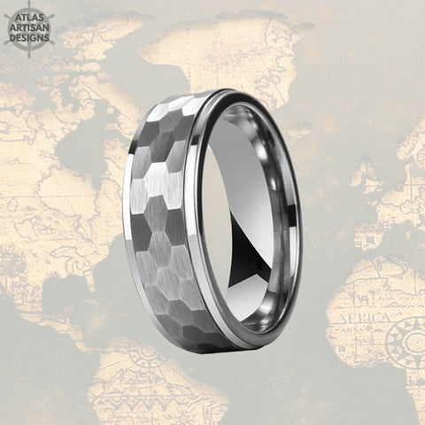 Image of 8mm Silver Hammered Ring Mens Wedding Band Tungsten Ring with Step Edges