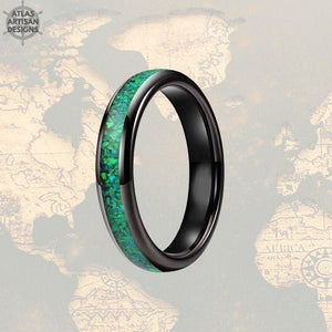 4mm Black Tungsten Ring Green Opal Womens Wedding Band