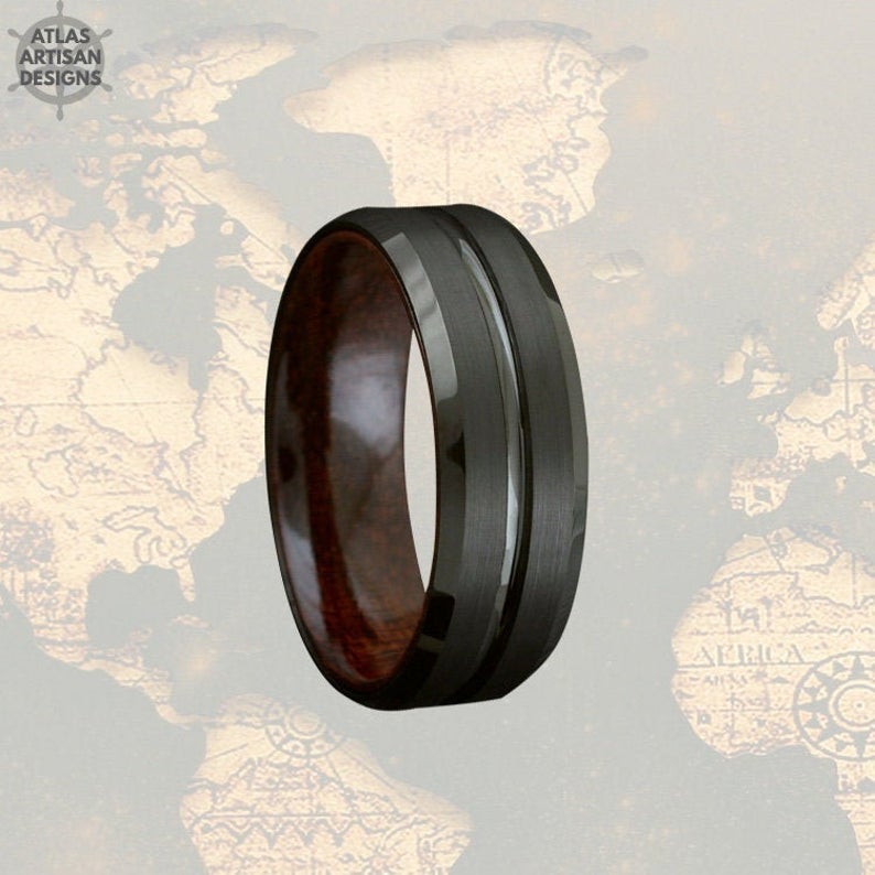 Wenge Wood Ring Mens Wedding Band Tungsten Ring - Black Ring Wood Wedding Band