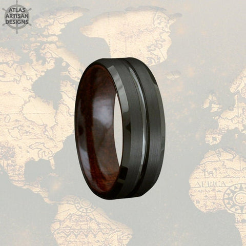Image of Wenge Wood Ring Mens Wedding Band Tungsten Ring - Black Ring Wood Wedding Band