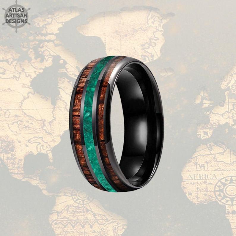 8mm Malachite Ring Mens Wedding Band Koa Wood Ring Black Tungsten Wedding Band