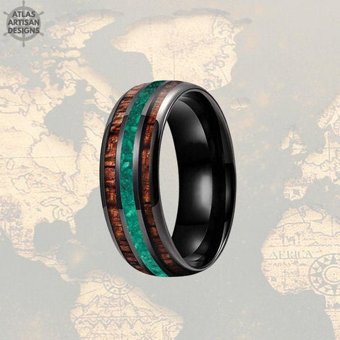 Image of 8mm Malachite Ring Mens Wedding Band Koa Wood Ring Black Tungsten Wedding Band