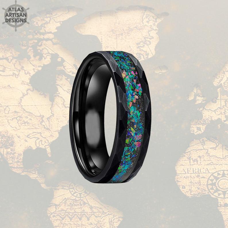 6mm Black Tungsten Ring Hammered Opal Wedding Band - Atlas Artisan Designs