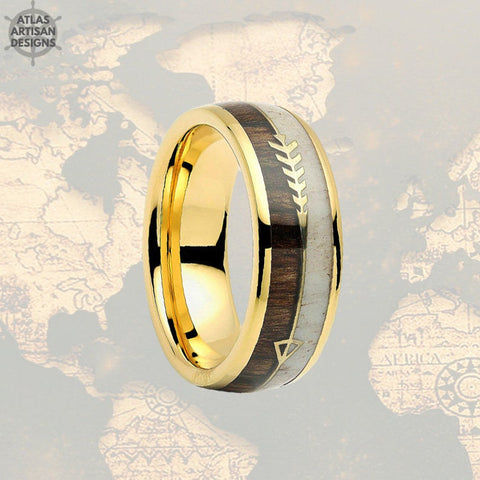 Image of 14K Yellow Gold Mens Tungsten Ring Antler & Wood Wedding Band - Atlas Artisan Designs