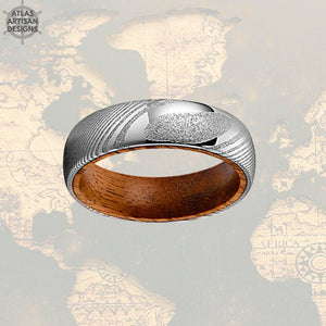 6mm Damascus Whiskey Barrel Ring, Silver Damascus Ring Whiskey Wood Ring Mens Wedding Band Wooden Ring - Atlas Artisan Designs