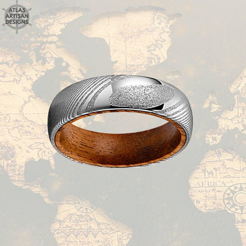 Image of 6mm Damascus Whiskey Barrel Ring, Silver Damascus Ring Whiskey Wood Ring Mens Wedding Band Wooden Ring - Atlas Artisan Designs