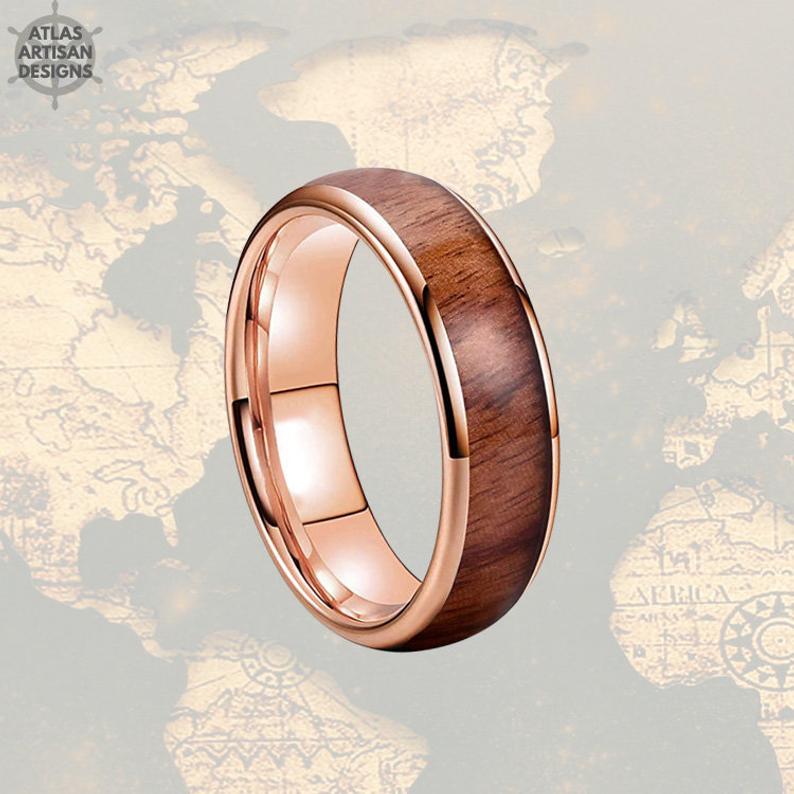 6mm 18K Rose Gold Ring Koa Wood Wedding Bands Tungsten Womens Ring