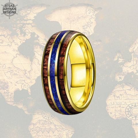 Image of 14K Gold Ring 8mm Lapis Lazuli Ring Mens Wedding Band Tungsten Ring Yellow Gold Wedding Bands for Men