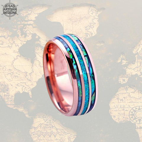 Image of Rose Gold Ring Mens Wedding Band - Abalone Tungsten Ring - Atlas Artisan Designs