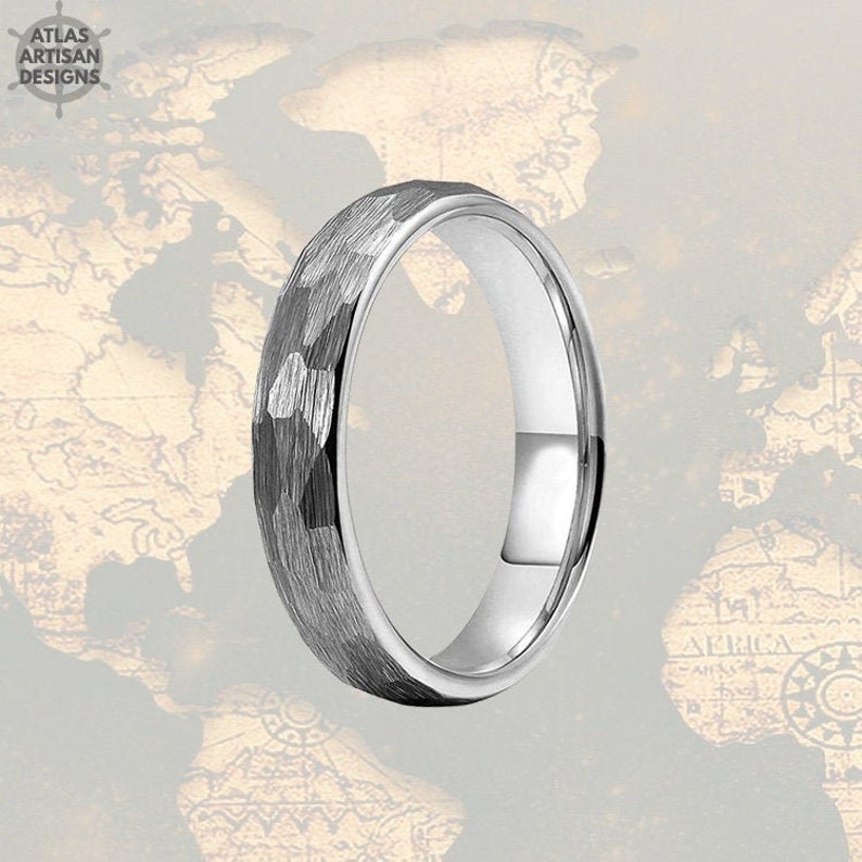 4mm Silver Ring Hammered Wedding Band Tungsten Ring