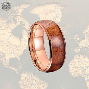 8mm 18K Rose Gold Tungsten Ring Koa Wood Wedding Band Mens Ring - Atlas Artisan Designs