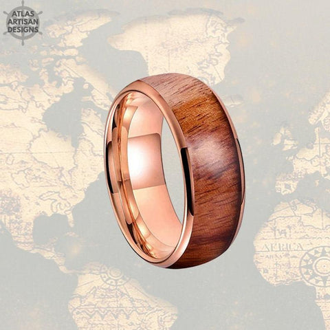 Image of 8mm 18K Rose Gold Tungsten Ring Koa Wood Wedding Band Mens Ring - Atlas Artisan Designs